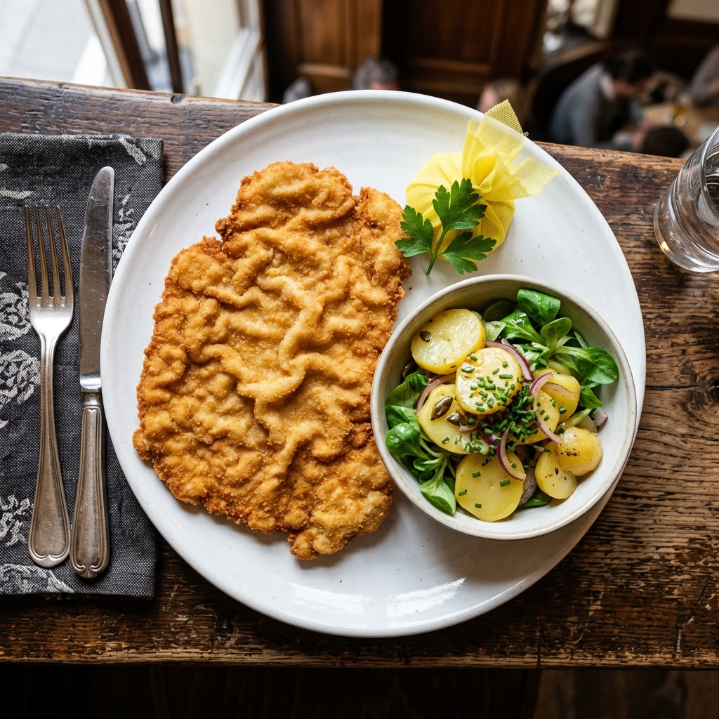 Goldenes Wiener Schnitzel vom Kalb mit Erdäpfel-Vogerlsalat